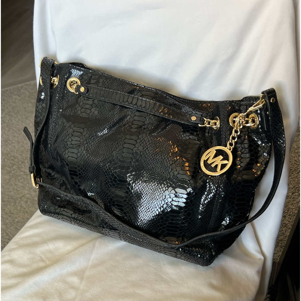 Michael Kors Python-Embossed Black Patent Shoulder Bag with Gold Chain.